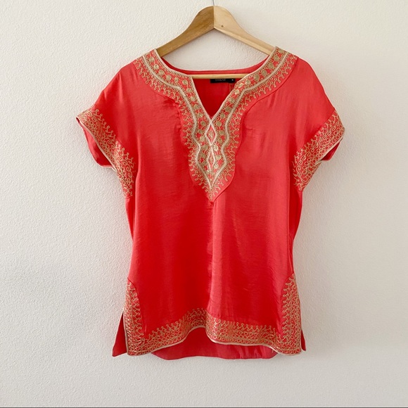 Theme Tops - Theme Coral and Gold Embroidered Tunic Medium